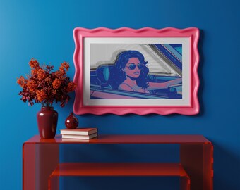1980s Girl Poster, Retro Convertible Art Print, Women Pop Art Wall Decor, Miami Surreal Car Artwork