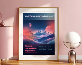 Dreamy Los Angeles Poster, LA Travel Art Print in Pink, Purple & Blue, Hollywood Sign and Palm Trees, California Wall Decor
