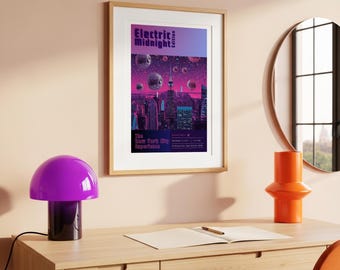 NYC Disco Ball Poster, Retro Futuristic Night City Art, Neon Pink and Purple New York Print, Surreal Manhattan Wall Decor, Digital Download