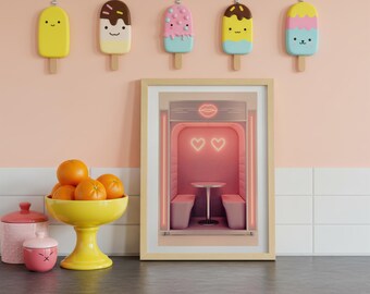 Retro Futuristic Kissing Booth Art Print, Pink Neon Decor (Digital Download)