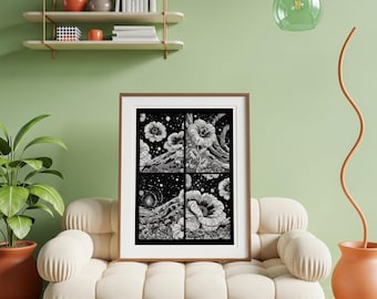 Pop Art Flower Print, Black and White Surrealist Botanical Poster, Retro Surrealism Digital Display Art, Space-Themed Wall Decor Download