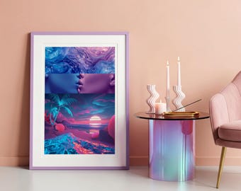 Surreal Tropical Kissing Couple Art Print, Dreamy Maximalist Decor (Digital Download)