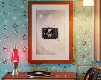 70s Retro Black Love Couple Print, Vintage TV, Surreal Space Art (Digital Download)