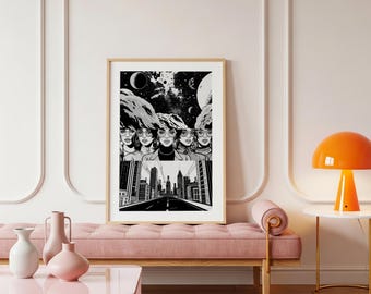 Black & White Pop Art Poster, Retro 1960s Women Print, Comic Book Space Scene, Surreal City Wall Art