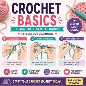 May include: A crochet instructional guide titled Crochet Basics featuring three numbered steps: 1. Slip Knot, 2. Chain Stitch, and 3. Yarn Over. The graphic includes illustrations of hands using a crochet hook, yarn, and text explaining the techniques.