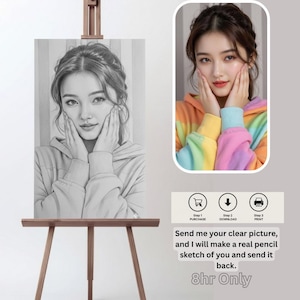 May include: A pencil sketch portrait of a woman on an easel, next to a color photo of the same woman in a rainbow hoodie. The text reads, "Send me your clear picture, and I will make a real pencil sketch of you and send it back."