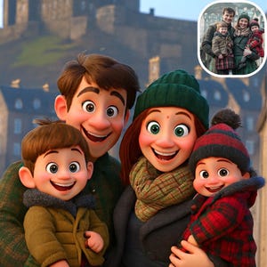 Può includere: Ritratto digitale di una famiglia di quattro persone sorridenti. I genitori e i due bambini indossano abiti invernali, tra cui cappelli e sciarpe. Lo sfondo presenta un castello e una città.
