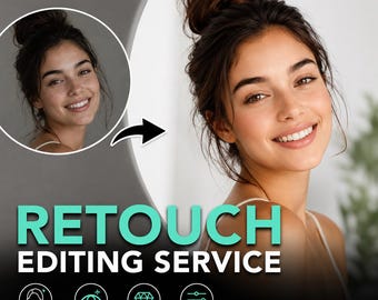 Könnte beinhalten: Eine digitale Grafik für einen Retusche-Bearbeitungsservice mit einem Vorher-Nachher-Vergleich einer Person mit dunklem Dutt. Der Text lautet RETOUCH EDITING SERVICE mit Symbolen für Hautretusche, Augenoptimierung, High-End-Retusche und Farbkorrektur.