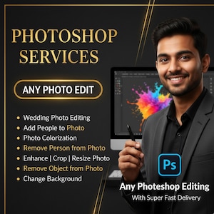 Puede incluir: Un anuncio de servicios de Photoshop. La imagen presenta a un hombre sonriente con traje sosteniendo un lápiz óptico, con una pantalla de computadora que muestra arte digital colorido. El texto incluye "Photoshop Services" y una lista de opciones de edición.
