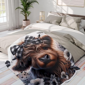 Highland Cow with Buffalo Check Bow Arctic Fleece Blanket | Floral Cozy Throw