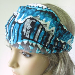 Jersey Knit Hair Wrap Headband Gaiter Turquoise Blue Gray Absrtact Stripes Winter Fashion for Guys and Gals image 2