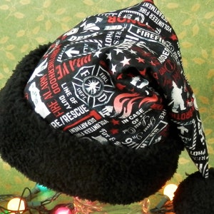 First Responders Santa Hat, with BLACK Sherpa Fleece Brim and Pom Pom, Fire Fighters Santa Hat, 911, Heroes, Red and Black Adult Santa Hat,