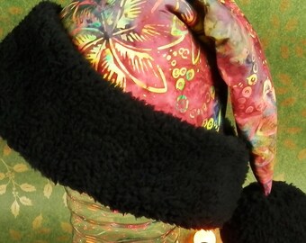 Rainbow Batik Santa Hat with Black Sherpa Fur