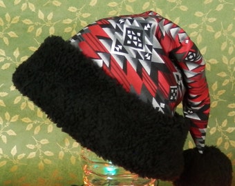 Native American Santa Hat, Red and Black Santa Hat, Southwestern Tribal Holiday Hat, BLACK Sherpa Faux Fur Trim, Adult Size