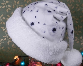 Polar Bear Santa Hat, White and Black Santa Hat with Polar Bear Faces, Christmas Santa Hat, White Faux Sherpa Fur Trim, Adult Santa Hat