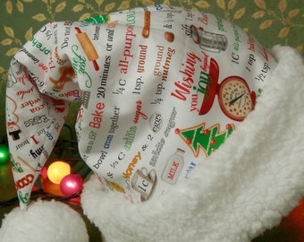 Christmas Cookie Santa Hat, Christmas Baking Santa Hat, White with Red and Green Words and Baking Designs, Cookie Exchange Party, Baking Hat