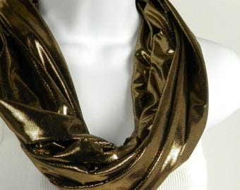 Metallic Gold Infinity Scarf: Slinky Knit Single Loop