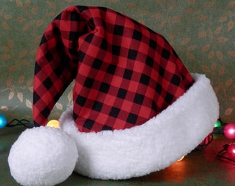 Adult Santa Hat, Red and Black Buffalo Check Plaid, Huntsman Santa Hat, Fuzzy White Brim and Pom Pom, Rustic Christmas Home, Holiday Hat