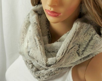 Silver Fox Faux Fur Neck Warmer Infinity Scarf,  Light Gray and Black, Luxurious, Cuddly Soft Faux Fur Cowl Neck Scarf, Unisex Fur Scarf