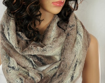 Mountain Fox Faux Fur Infinity Scarf: Pewter Beige Minky Fabric