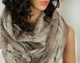 Fur Infinity Scarf, Mountain Fox Faux Fur in Pewter, Taupe and Beige, Luxurious, Cuddly Soft Minky Faux Fur Infinity