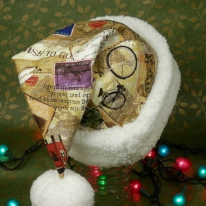 Chapéu de Papai Noel viajante, amigo de longa distância, chapéu de Papai Noel carteiro, selos, correio aéreo, bicicleta, aviões, cartas, acabamento em sherpa branco