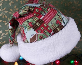 Christmas Village Santa Hat: Sherpa Fur Brim, Glitter Snow