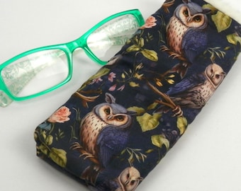 Whimsical Owl Glasses Case: Purple Woodland Design, Faux Sherpa Lined