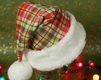 Festive Plaid Santa Hat, Red, Green and Metallic Gold Plaid Santa Hat, White Faux Sherpa Fur Brim, Adult Holiday Hat