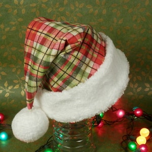 Festive Plaid Santa Hat, Red, Green and Metallic Gold Plaid Santa Hat, White Faux Sherpa Fur Brim, Adult Holiday Hat