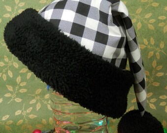 Black and White Buffalo Check Santa Hat, BLACK Sherpa Faux Fur Fleece Brim and Pom Pom, Black and White Check Plaid,Farmhouse Christmas