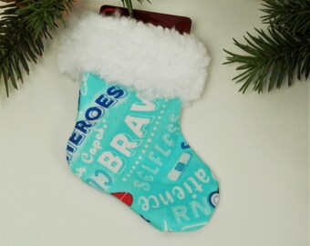 Perfect Thank You Gift for Healthcare Givers, Blue Mini Christmas Stocking, Fuzzy White Sherpa Fleece Brim, Christmas Gift Card Holder