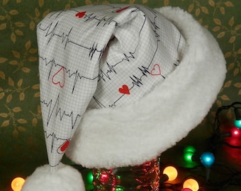 Nurse Santa Hat: EKG Heart Design, Fuzzy Fleece Brim