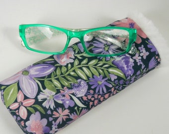 Pretty Spring Floral Eyeglass Case, Purple, Pink and Green Flowers on Navy Blue Background, Soft Sided Eyeglass Case, White Sherpa Fleece