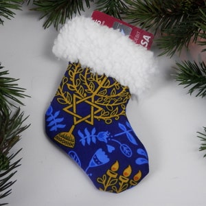 Chanoeka cadeausok, mini kerstsok, blauw en goud, menora, davidster, olijftak, perfect voor cadeaukaarthouder of lekkernijen