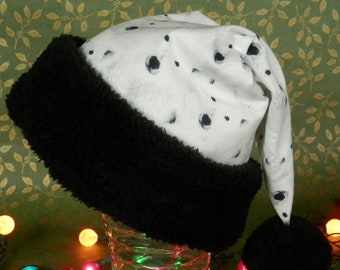 Polar Bear Santa Hat, White and Black Santa Hat with Polar Bear Faces, Christmas Santa Hat, BLACK Faux Sherpa Fur Trim, Adult Santa Hat