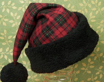 Red Plaid Flannel Santa Hat, Dark Red, Black and Green Tartan Plaid Santa Hat with Black Sherpa Fleece Brim and Pom Pom, Rustic Christmas