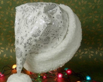 Snowflake Santa Hat, White with Embossed Metallic Silver Snowflakes, Christmas Santa Hat, White Faux Sherpa Fur Trim