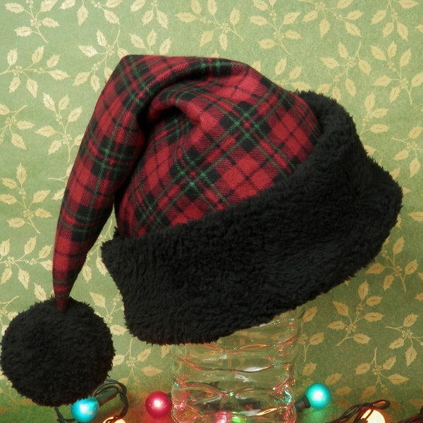 Red Plaid Flannel Santa Hat, Dark Red, Black and Green Tartan Plaid Santa Hat with Black Sherpa Fleece Brim and Pom Pom, Rustic Christmas