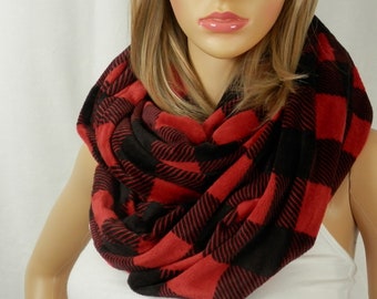 Red and Black Buffalo Check Plaid Infinity Scarf Double Loop Scarf For Men and Women Hunter Woodland Scarf, Soft and Comfy Cuddle Fabric