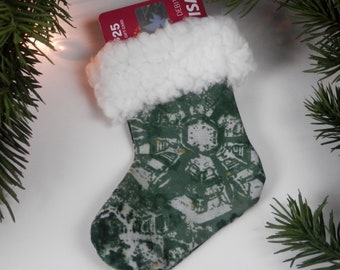 Mini Christmas Stocking Green Batik Snowflakes, Ice Crystal Frost, White Sherpa Brim, Treats and Gift Card Holder