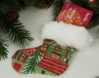 Mini Christmas Stocking: Glitter Snow Village, Faux Fur Brim, Gift Card Holder