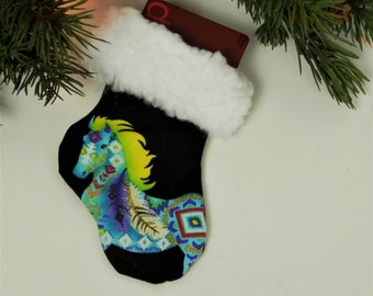 Horse Christmas Stocking, Rainbow Bright Southwest Horses on Black with  with Fluffy White Sherpa Brim, Christmas Gift Card Holder