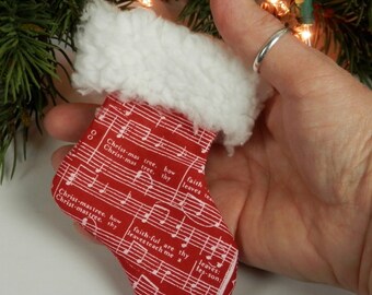 Mini Red Christmas Stocking Gift Card Holder: O Christmas Tree Text and Music Notes