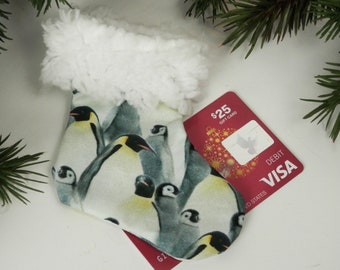 Artic Penguin Lover Mini Christmas Stocking, White, Black + Gray Penguins, White Sherpa Fleece Brim, Makes a Great Gift Card or Treat Holder