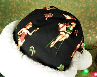 Vintage Style Pin Up Girl Santa Hat, Naughty Santa Hat, Guys Novelty Santa Hat, Holiday Party Santa Hat, Black with White Faux Sherpa Fur