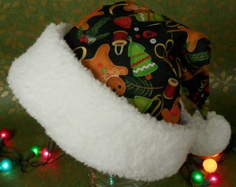 Santa Hat for Seamstress, Sewing Lover Gift, Gingerbread Man Cookie Santa Hat, Black with Old Fashioned Sewing Notions, White Sherpa Trim