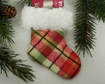 Mini Christmas Stocking, Festive Plaid Stocking, Red, Green and Metallic Gold Plaid, White Faux Sherpa Fur Brim, Christmas Gift Card Holder