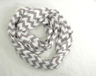 Infinity Scarf for Girls Gray and White Chevron Cotton Knit Scarf by Thimbledoodle