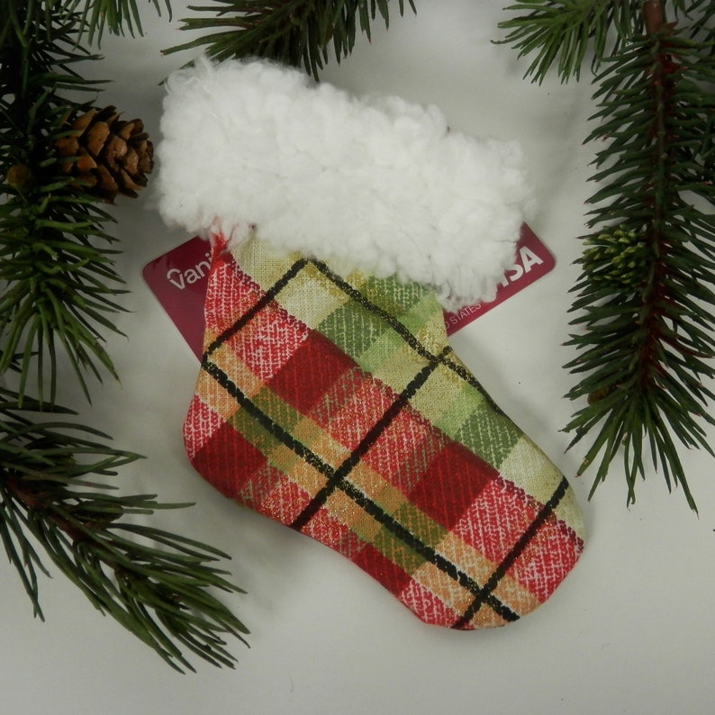 Mini Christmas Stocking, Festive Plaid Stocking, Red, Green and Metallic Gold Plaid, White Faux Sherpa Fur Brim, Christmas Gift Card Holder image 3